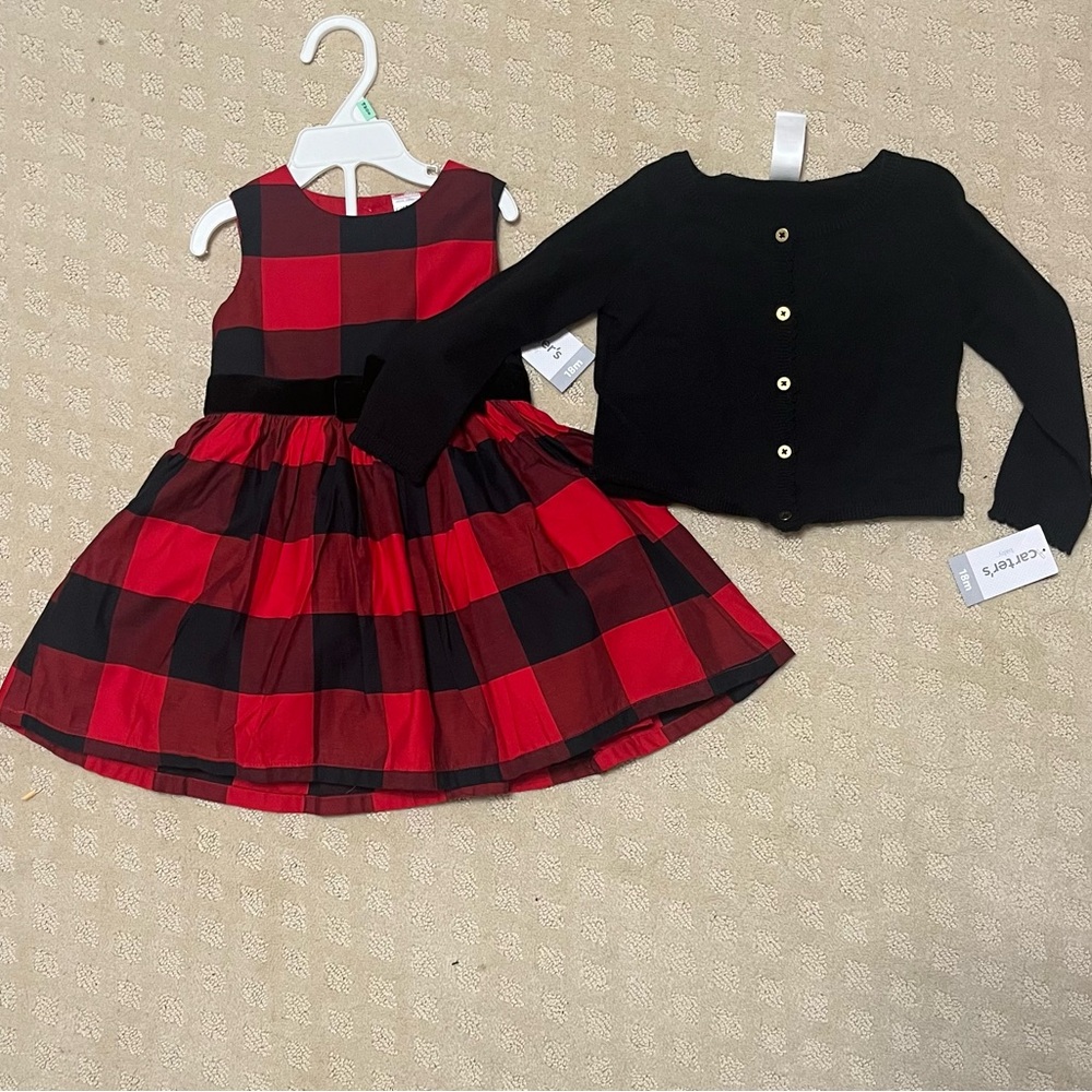 Red and Black Buffalo Plaid Dress with Cardigan